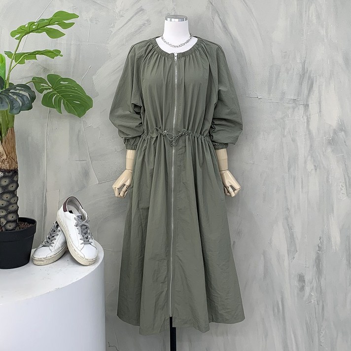 [행복여] 바바 넥 셔링 허리 스트링 롱 원피스 바바리 야상 집업