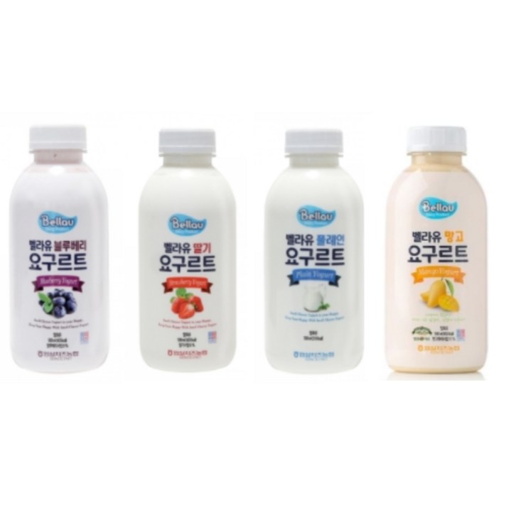 벨라유 요구르트 500ml 플레인1팩/블루베리1팩/딸기1팩/망고1팩 4종 세트, 4종셋트(플레인1, 딸기1, 블루베리1 ,망고1)