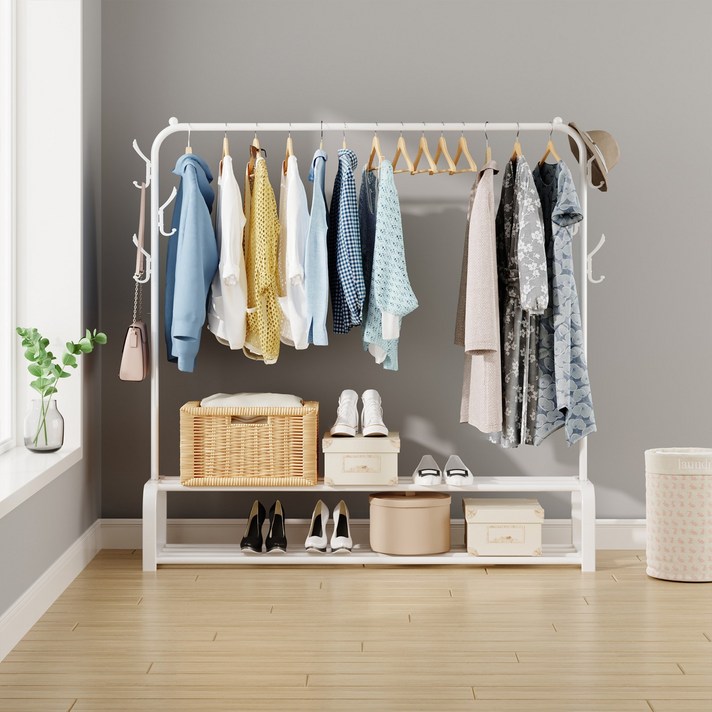  락키홈즈 더블수납 철제 스탠드 행거, 화이트 