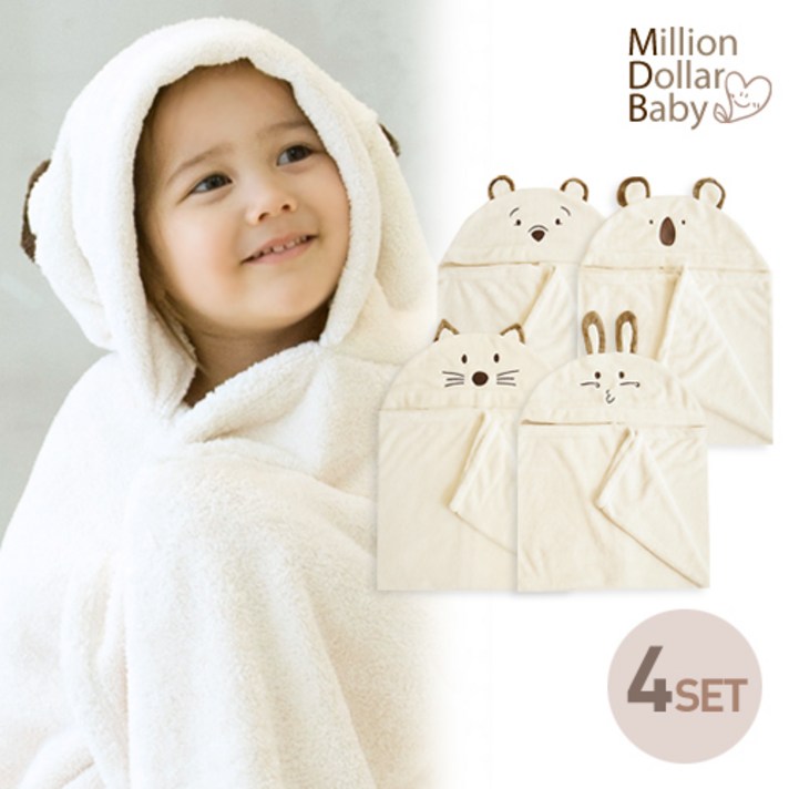 밀리언달러베이비 후드타올 4세트, 고양이+토끼+곰+코알라