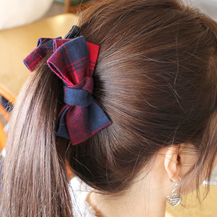 로라하 자체제작 첵스 체크무늬 리본 바나나핀 헤어 머리핀