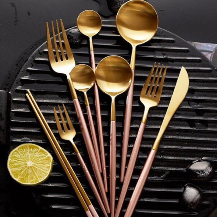 우와한생활 모던 스테인레스 커트러리 숟가락젓가락 예쁜 커트러리 이쁜 커트러리 수저 / 골드 실버 화이트 핑크 블랙, 골드핑크, 디너젓가락