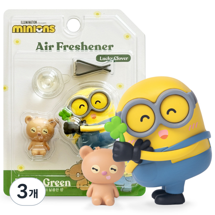 유니버셜 미니언즈 네잎클로버 밥앤팀 차량용방향제 송풍구형 피규어 디퓨져 새차선물 귀여운방향제 캐릭터 차꾸, 3개, 프레시 그린