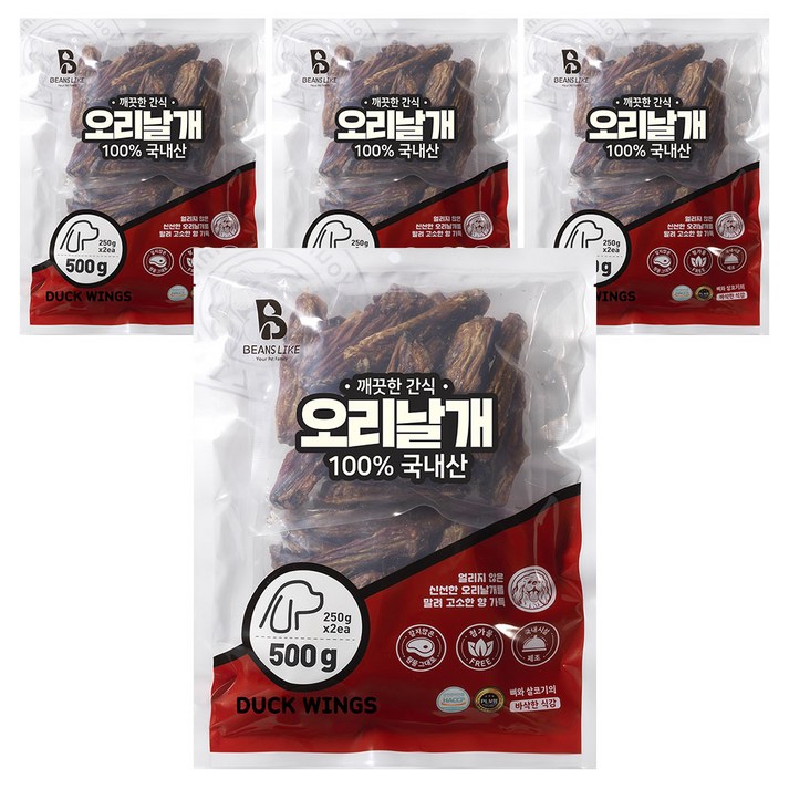 빈즈라이크 오리날개 강아지 간식, 오리날개맛, 500g, 4개