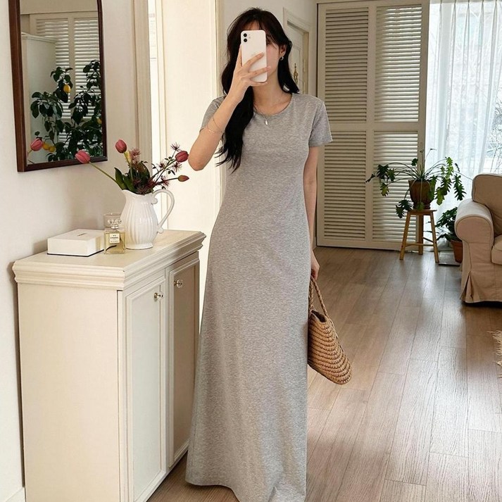 세이스타일 제리 반팔 라운드 A라인 맥시 롱 원피스