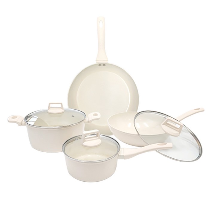 페르쉐프 인덕션 냄비 + 프라이팬 + 유리뚜껑 5종 세트, 크림 화이트, 냄비+후라이팬+유리뚜껑, 1세트