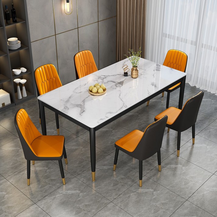 아우스 KC 6인용 4인용식탁세트 대리석무늬 강화유리식탁 세트 모던식탁의자 북유럽풍식탁 다이닝테이블 식탁세트의자, 6인용 식탁세트 120x70cm 표준형 오렌지