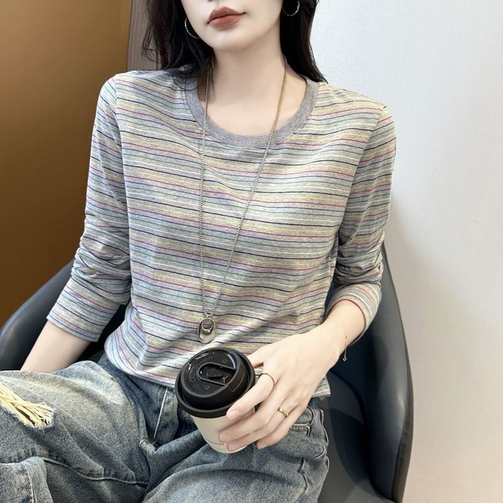 여성 순면 스트라이프 라운드넥 긴소매 티셔츠 캐주얼 봄가을 기본핏