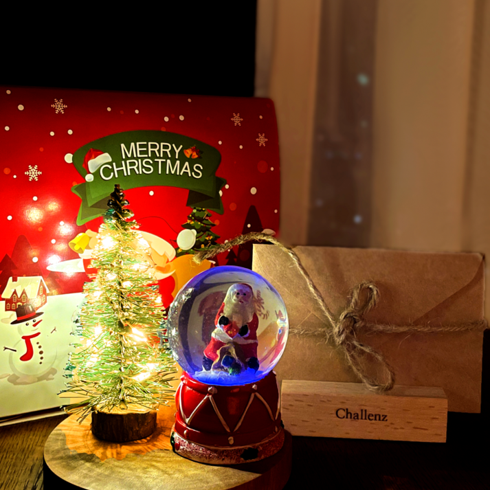챌린즈 크리스마스 미니어처 트리 소품 풀세트+ 워터볼 무드등 + LED전구 + 원목코스터 + 선물상자 + 편지카드 거치대 세트