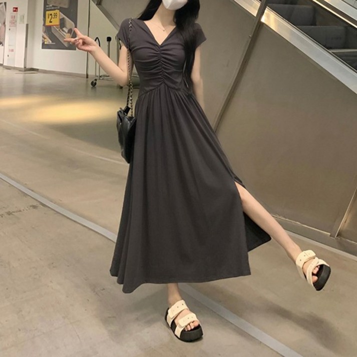 여성 러블리 브이넥 반팔 롱 원피스 TDN0160