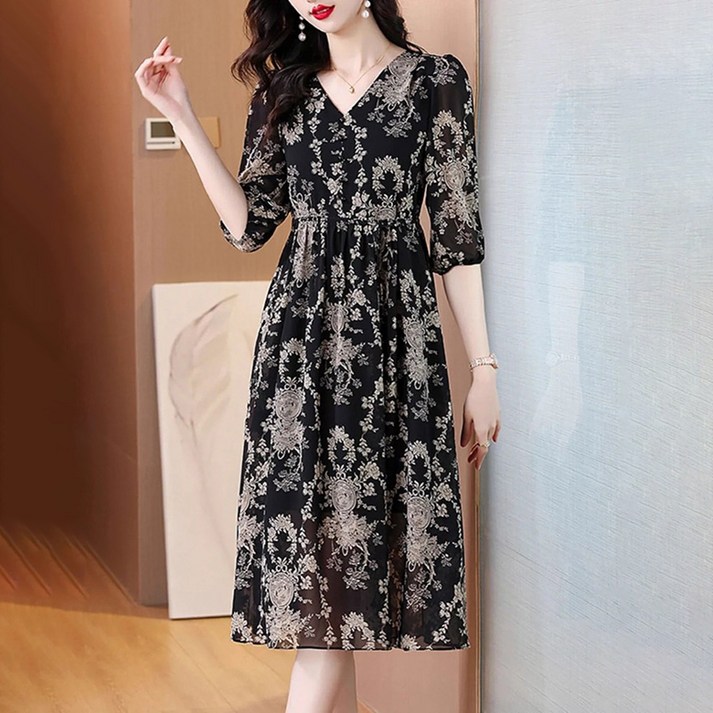 ORZQU 여름 가을 여자 캐주얼 프린트 키작녀 5부소매 원피스 허리 조임 플레어 스커트