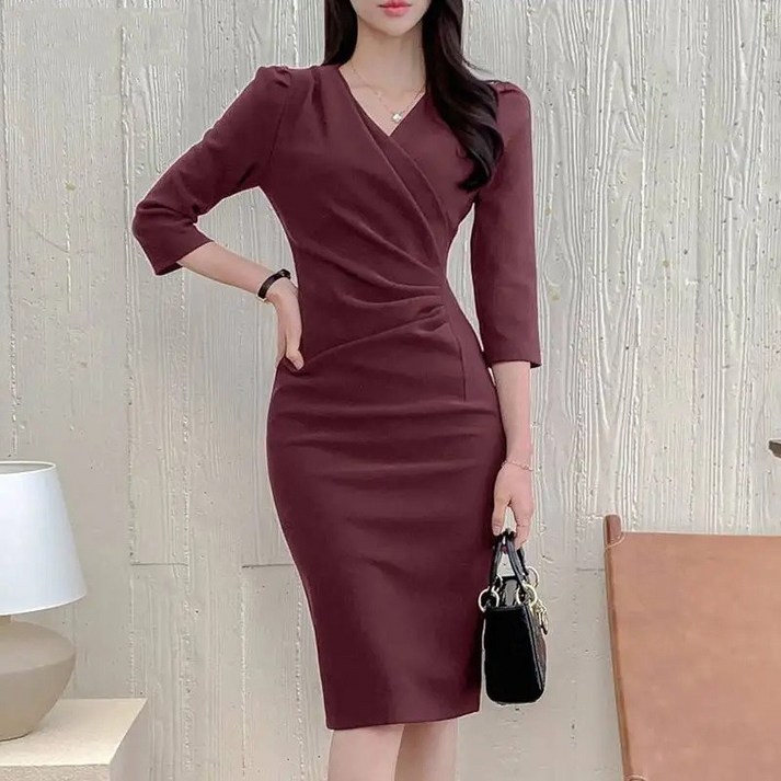 (S-5XL) 빅사이즈 아나운서 스타일 정장원피스 오피스룩, 하객룩, 타이트, 상견례룩,면접룩, H라인, 미니원피스,여성드레스