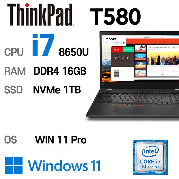 LENOVO 노트북 중고노트북 T580 인텔 8세대 i7-8650U 16GB 듀얼배터리, T580, WIN11 Pro, 16GB, 1TB, 코어i7, 블랙