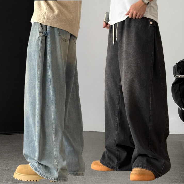 당일발송 남자와이드청바지 사이드스냅 벌룬데님 버튼