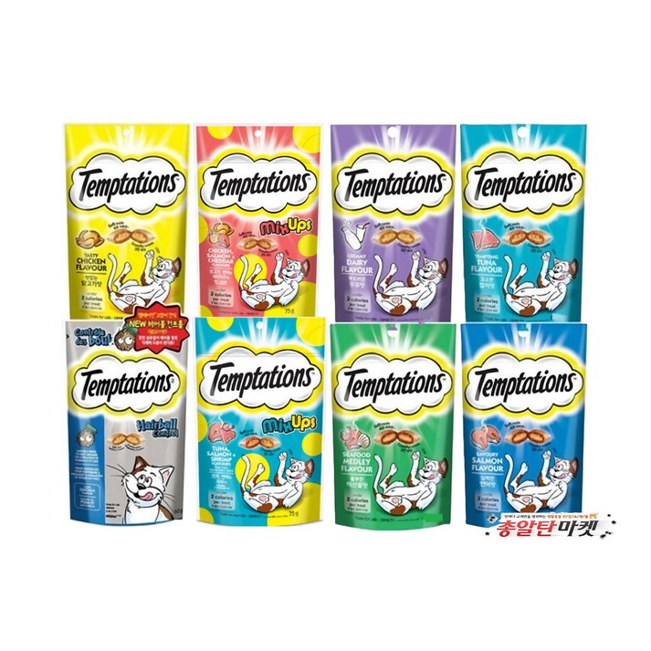 고양이 템테이션 간식 8가지맛 세트, 75g, 1세트, 혼합맛닭연어우유해산물참치헤어볼믹스업닭참치