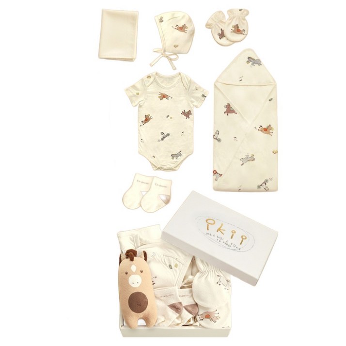 ikii 오가닉 신생아 반소매 바디슈트 출산 용품 7종 + 선물포장 + 쇼핑백 세트