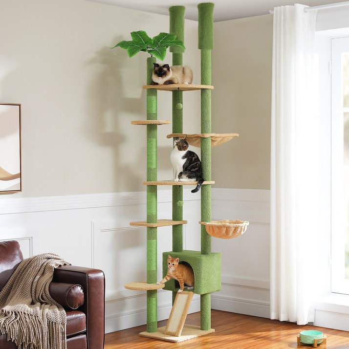 PAWZ Road 8단 대형 천장 고정형 패브릭 캣폴, 트윈 기둥 2단 높이조절 캣타워 191CM~210CM,230CM~255CM, 스크래쳐 기둥+플랫폼+해먹