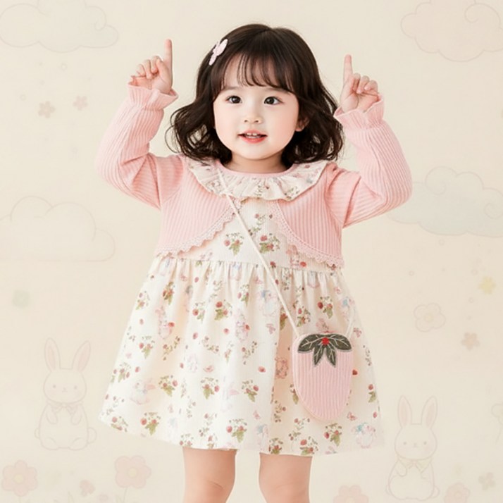 몽실이 프릴카라 토끼 원피스 가방세트 여아용 아동 어린이 봄 가을 간절기 볼레로 드레스 자매룩 외출복