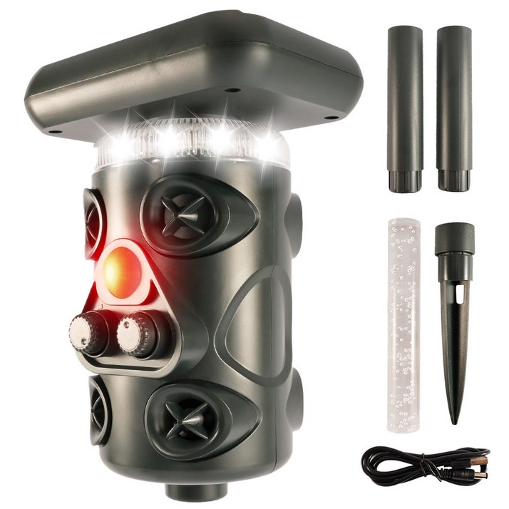 RYNOVEX 360도 태양열 충전 야생동물 퇴치기 4중강력 모드 적외선탐지초음파LED섬광4개스피커 경보음 감광 야간조명 겸용 방수방진 30여종 동물 멧돼지 두더지 고라니