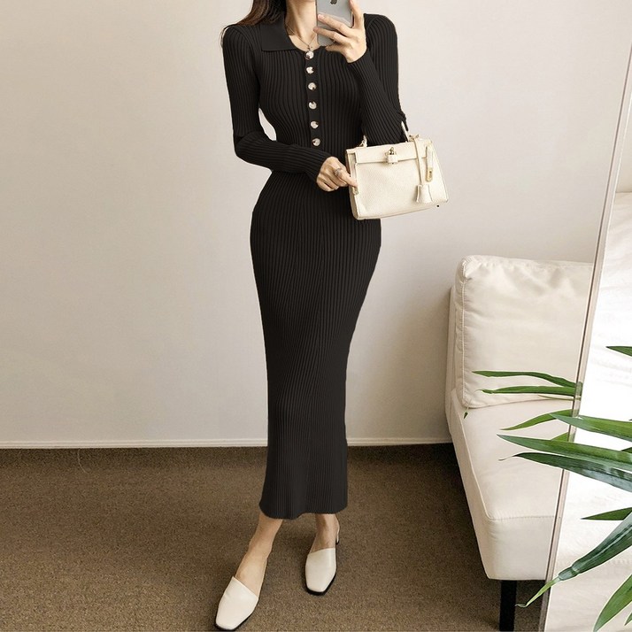 요시아나 [당일발송] 아르딘 슬림핏 카라넥 골지 니트 롱원피스 2컬러