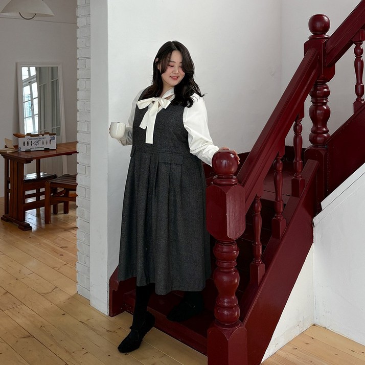 [55-110][격식룩] 헤링본 플리츠 뷔스티에 원피스 여성 빅사이즈 여자 플러스사이즈