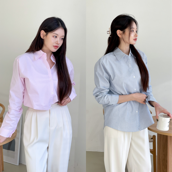기본핏 스트라이프셔츠 여자셔츠 옥스포드셔츠 롱남방 봄 가을 여성 루즈핏 기본핏 스트라이프셔츠 여자셔츠 옥스포드셔츠 롱남방 봄 가을 여성 루즈핏