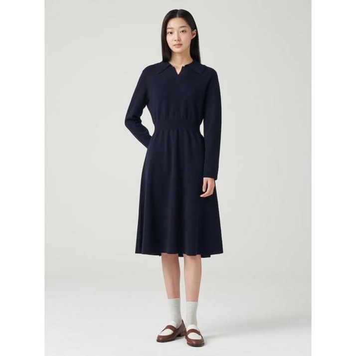 [브랜드정품] 빈폴레이디스 레이스 칼라 핏 앤 플레어 니트 원피스 네이비 (BF415UC01R) 간절기 브랜드 백화점