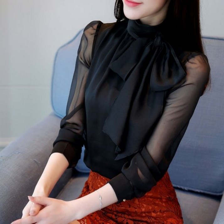 여름 쉬폰 블라우스 패션 튜닉 여성 셔츠 긴 소매 넥타이 보우 터틀넥 화이트 블랙