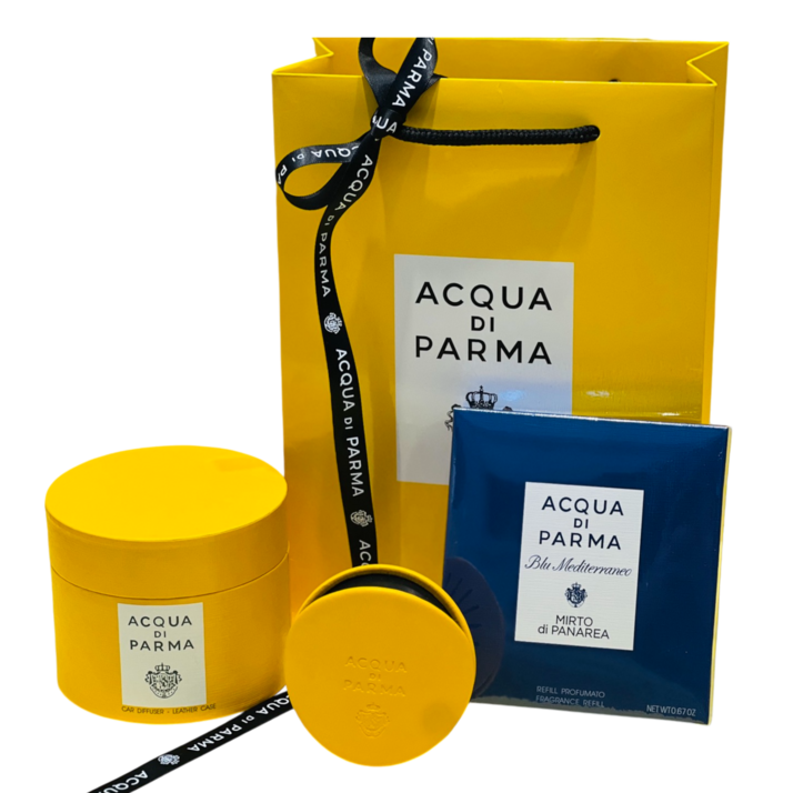 [당일배송] 아쿠아 디 파르마 차량용 방향제 선물세트 (케이스+카트리지) 쇼핑백 포함, 1세트, 미르토 [옐로우 레더 케이스]