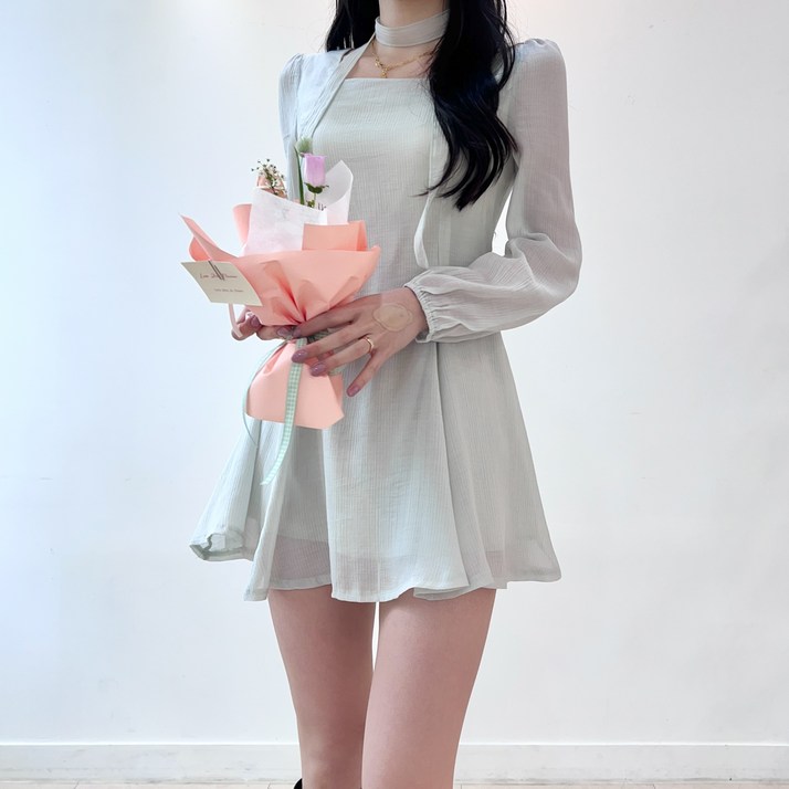 투디 스퀘어넥 퍼프 쉬폰 타이 플레어 미니 원피스, 4컬러