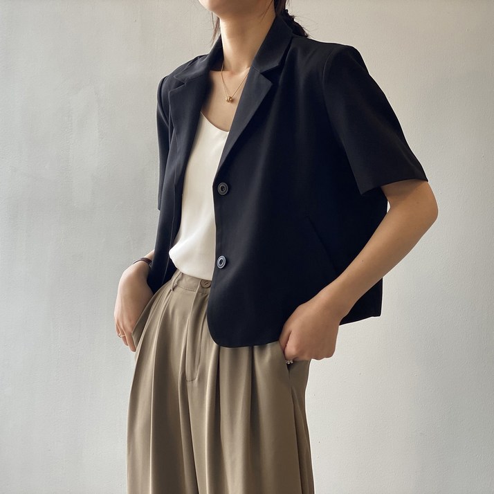 쪼예 썸머 데일리 투버튼 반팔 카라넥 자켓