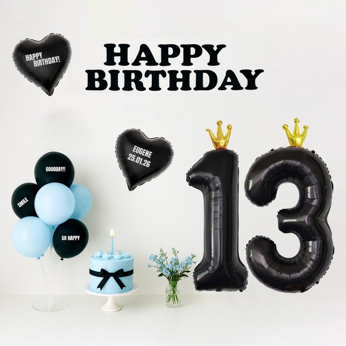 해피제이니 시크블랙 가랜드 대형 왕관숫자 풍선 생일 파티용품 세트 (자유레터링 시트지 3장), 1세트, 블루 블랙숫자13