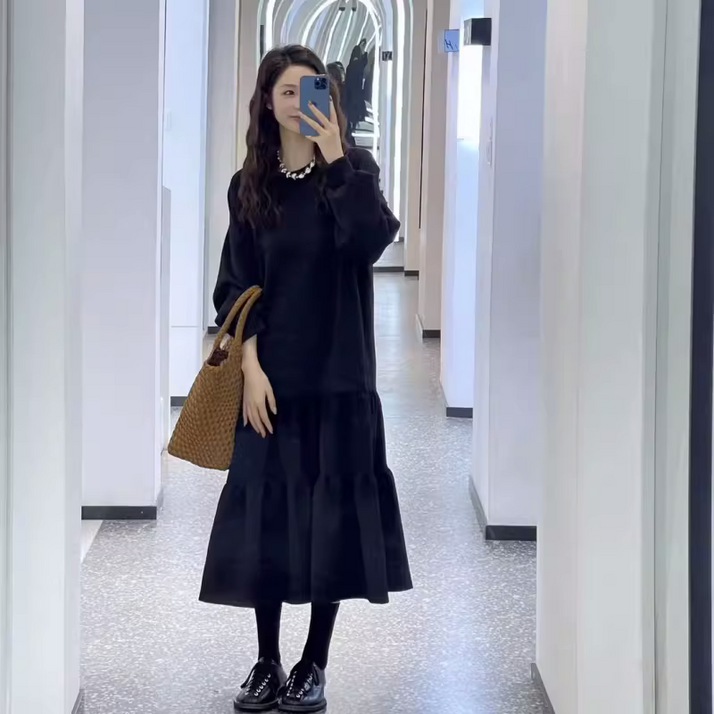 AOKADA 여성 라운드 오버핏 긴팔 A라인 캉캉 프릴 롱 원피스 휴양지 바강스 하객룩