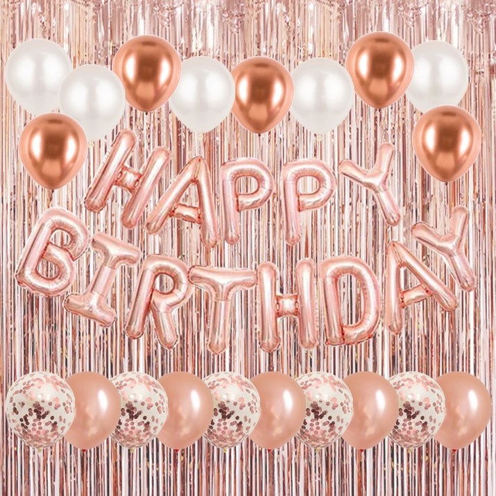 에브리띵스마일 생일축하 은박 컨페티 풍선 파티커튼 33p 세트, 로즈골드, 1세트 에브리띵스마일 생일축하 은박 컨페티 풍선 파티커튼 33p 세트, 로즈골드, 1세트