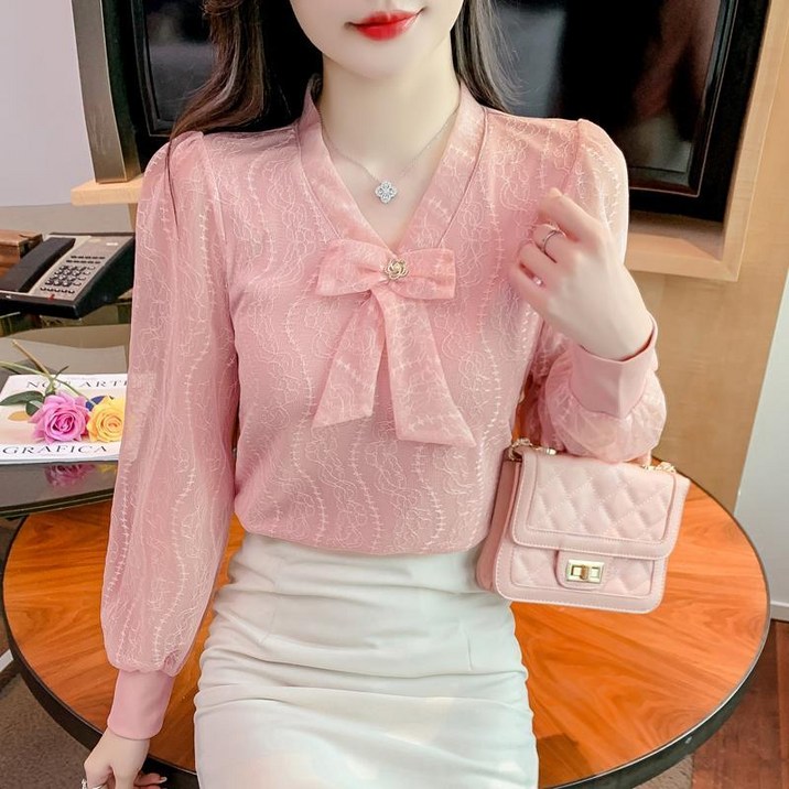 슬림소녀 여성 봄가을 데일리 리본 레이스 쉬폰 셔츠 패션 심플 긴팔 블라우스 상의