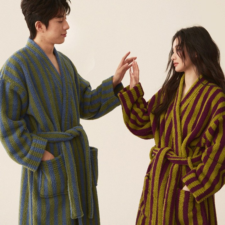 스트라이프 테리 겨울 수면 극세사 커플 여자 남자 로브 가운