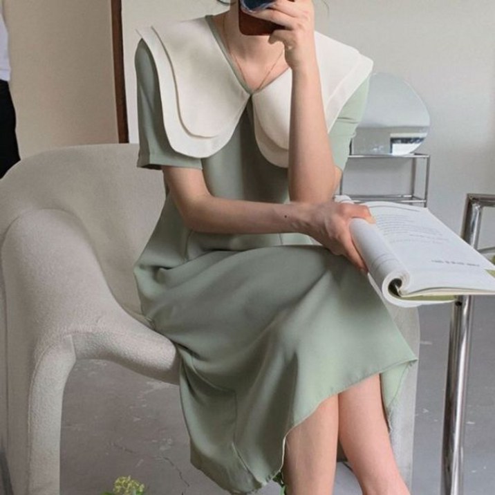 쉬폰 러블리 원피스 빈티지 부드러운 의 더블 레이어 인형 칼라 허리라인 슬리밍 퍼프 슬리브 드레스 여성 긴