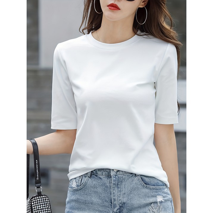 신상 솔리드 여름 슬림 라운드 5부 반팔 코디 상의 티셔츠