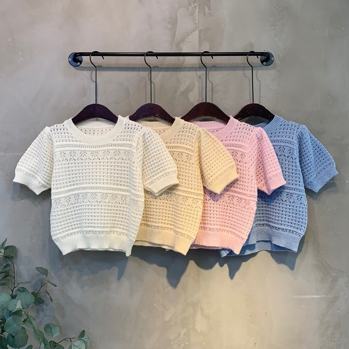 (신상,무료배송)노라 퍼프 펀칭 크롭 반팔 니트 4color C