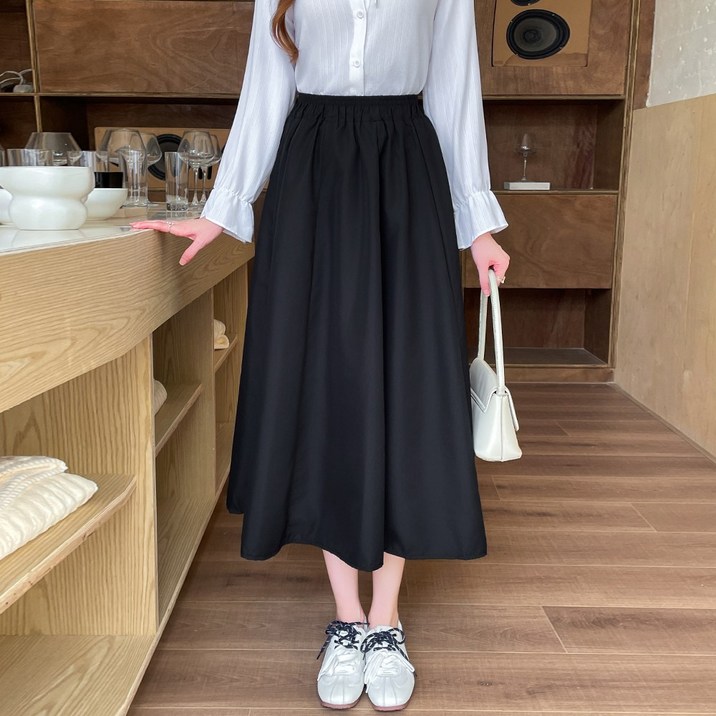 화지나무 솔리드 여성 A라인 플레어 밴딩 롱 스커트