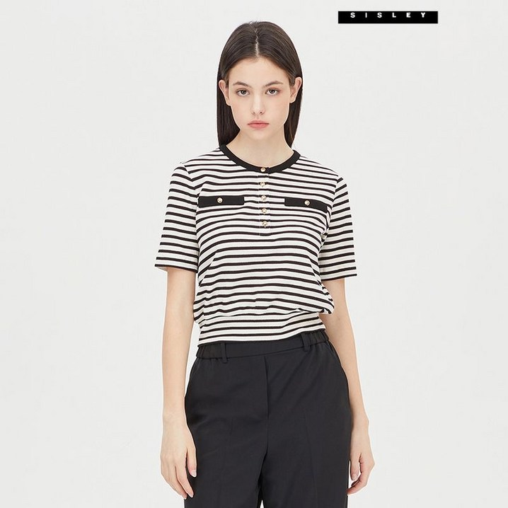 시슬리  스트라이프 버튼 업 반팔 티셔츠 SATSC7531