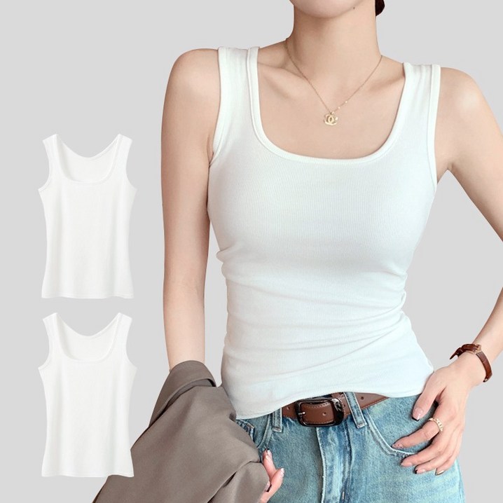 허블리 여성 스퀘어넥 골지 면 스판 민소매 나시 2장세트