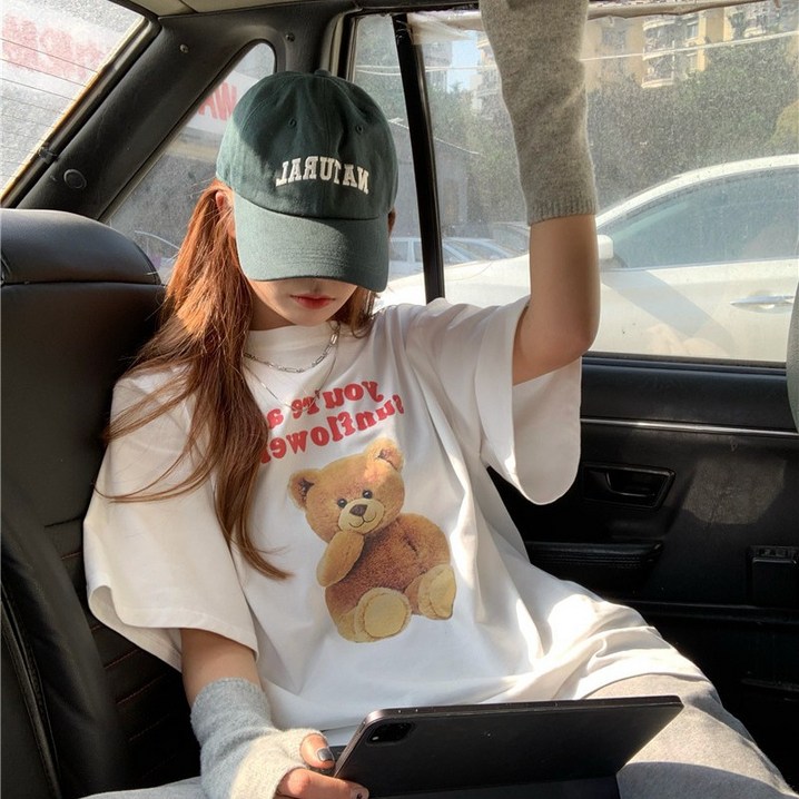 리빙온어스 오버핏 곰돌이 박스티 루즈핏 반팔 티셔츠