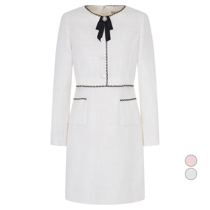 케네스레이디 여성용 라인 배색 리본 브로치 원피스