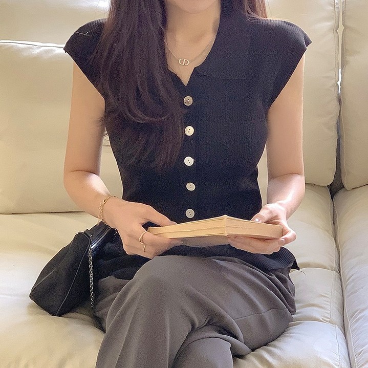 여성용 롬베 카라넥 캡소매 골지 니트 티셔츠