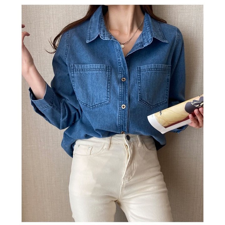 써니핏 2025신상 복고풍 데님 셔츠 청남방 테이트룩 ( M~XL ) S1017