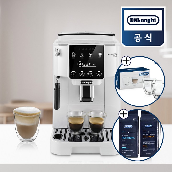 카푸치노잔+원두 증정 드롱기 전자동 커피머신 롱 화이트 KRECAM220.20.W, KRECAM220.20.W