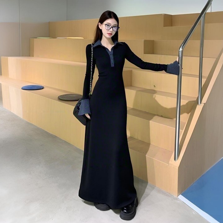 POMTOR 여성 가을 겨울 이너 슬림핏 셔츠칼라 니트 원피스