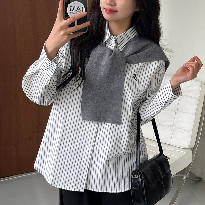 [디아미뇽] 재키 스트라이프 자수 셔츠 무지 니트 숄 세트