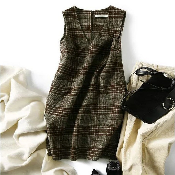 COSYEVNO 여성 나시 모직 원피스 겨울 하프 기장 체크 A라인 스커트